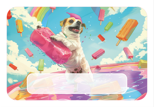 Naambord met vrolijke hond en ijsjes in regenbooghemel