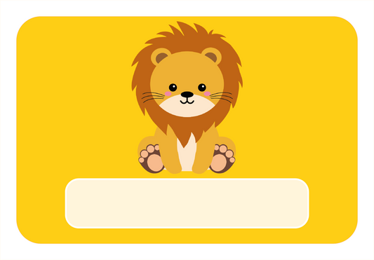 Naambord met schattige leeuw op gele achtergrond – gepersonaliseerd voor kinderkamer
