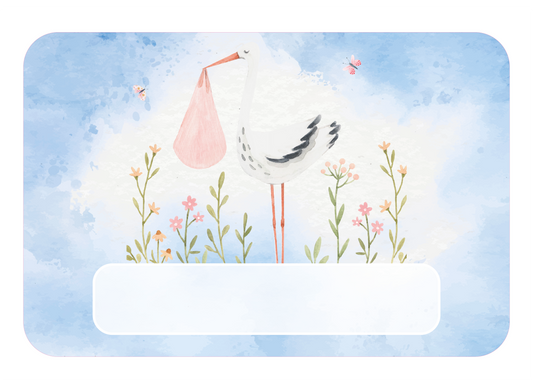 Ooievaar naambordje met wolken | Dromerig geboortebordje voor babykamer