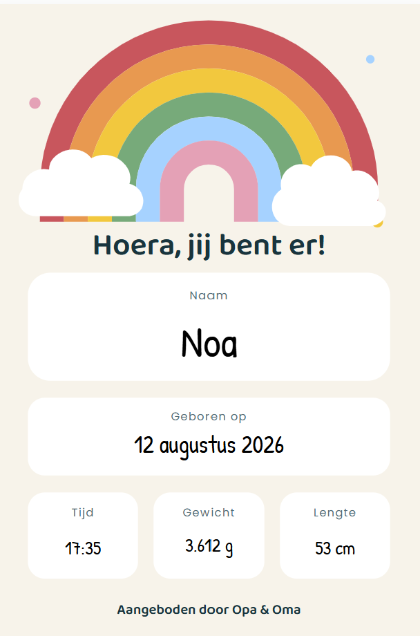 Geboortebord met regenboog, naam en alle eerste bijzonderheden