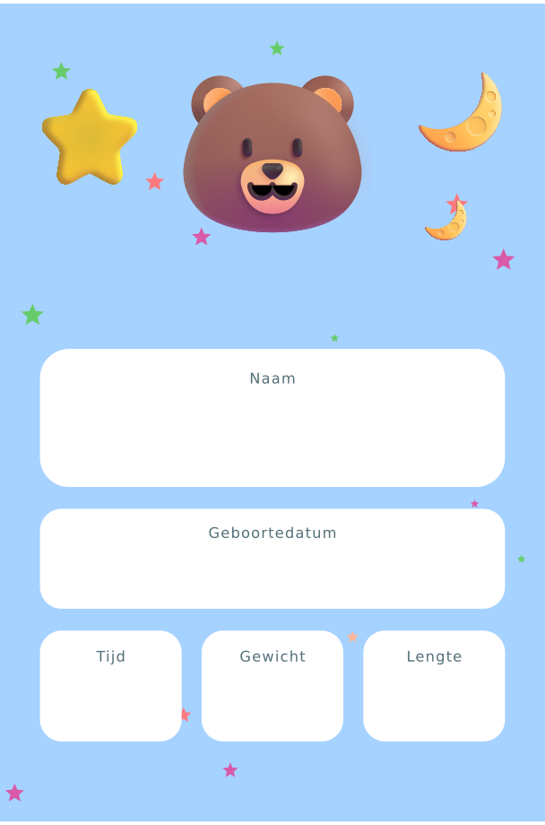 Geboortebord Beertje & Sterren — met lege gegevensvelden