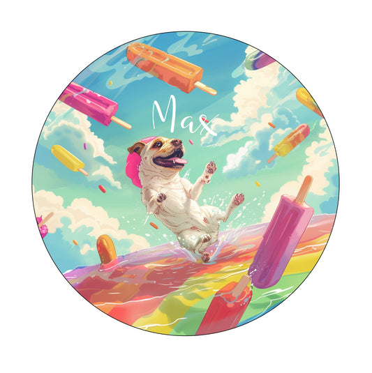 Muurcirkel Hond Op Regenboog Met Ijsjes Blauwe Achtergrond