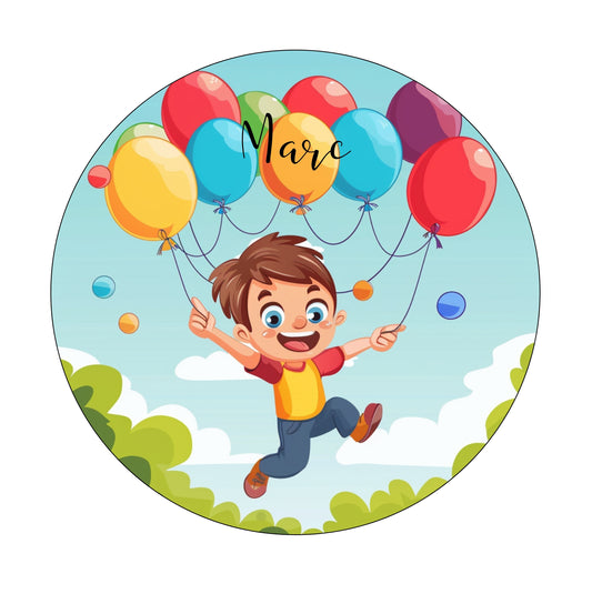 Muurcirkel Jongen Springend Met Ballonnen Blauwe Achtergrond