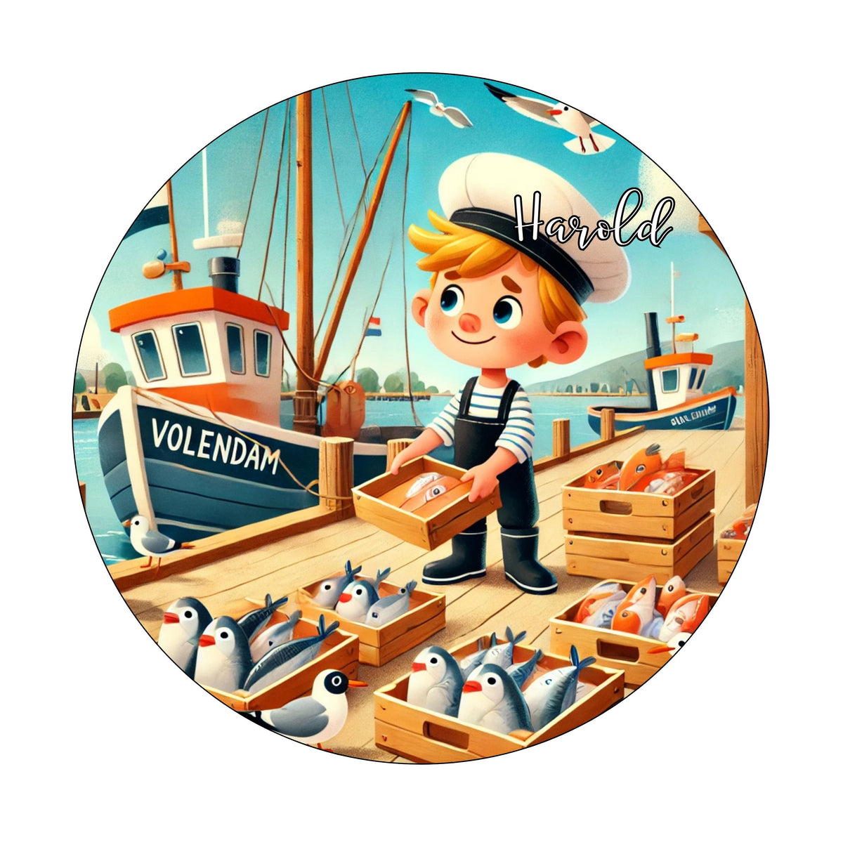 Muurcirkel Volendam Vis Boot Haven Blauwe Achtergrond