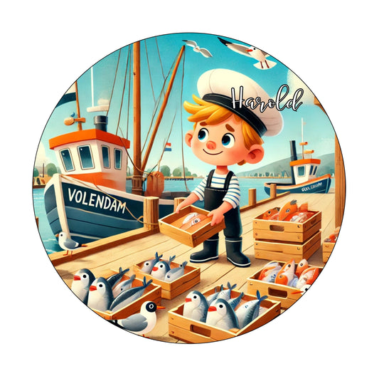 Muurcirkel Volendam Vis Boot Haven Blauwe Achtergrond