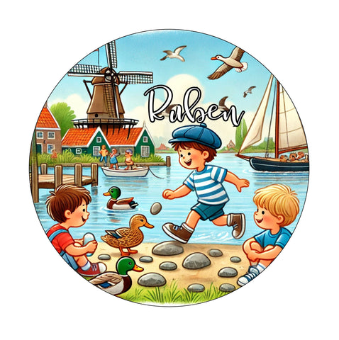 Muurcirkel Volendam Spelende Kinderen Blauwe Achtergrond