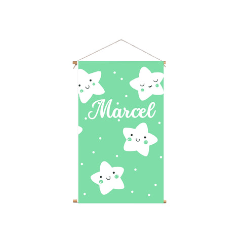 Textielposter Witte Sterren Illustraties Groene Achtergrond