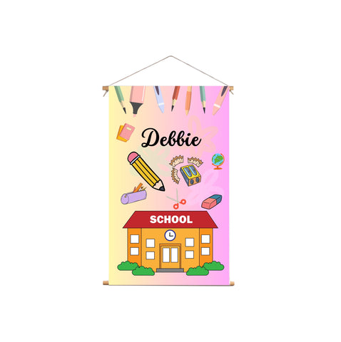 Textielposter School Geel/Roze Achtergrond