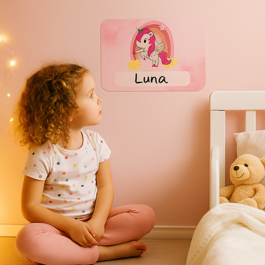 Naambordje Kinderkamer – Unicorn met Roze Wolken – 21x14 cm
