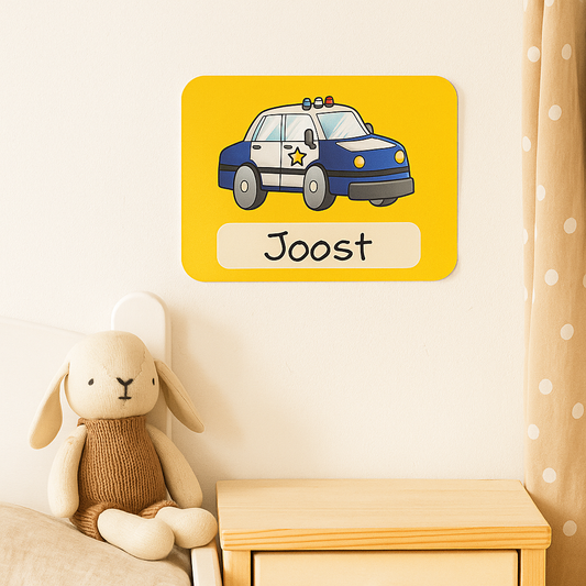 Politieauto Naambordje voor Kinderkamer – Geel met Ster en Sirene