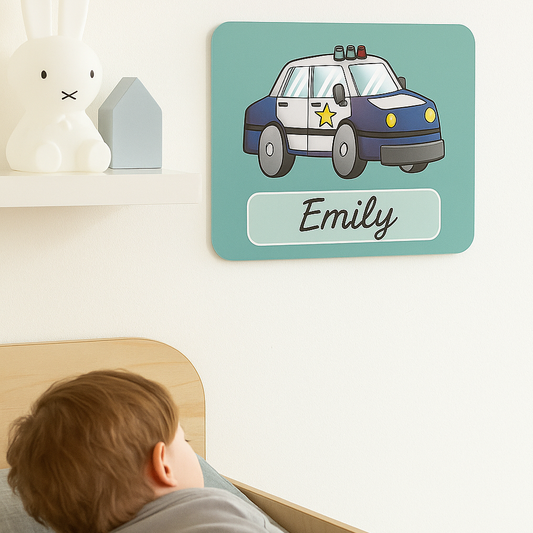 Politieauto Naambordje voor Kinderkamer – Groen met Ster en Sirene