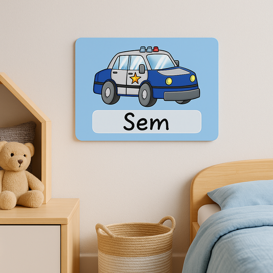 Politieauto Naambordje voor Kinderkamer – Blauw met Ster en Sirene