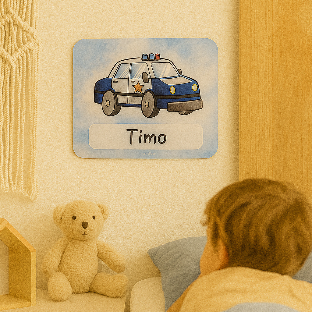 Naambordje Politieauto – Blauwe Wolken