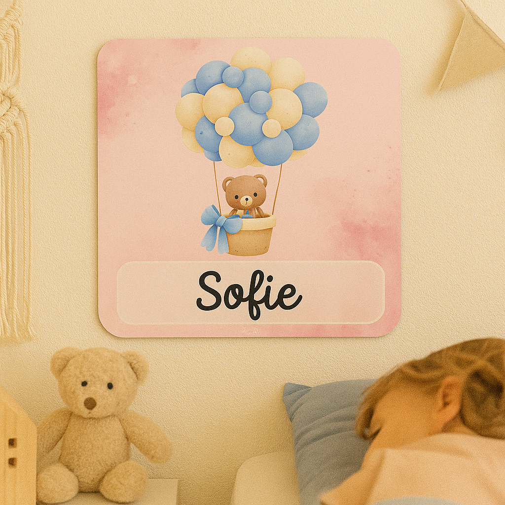 Naambordje Beer in Luchtballon – Roze Wolken