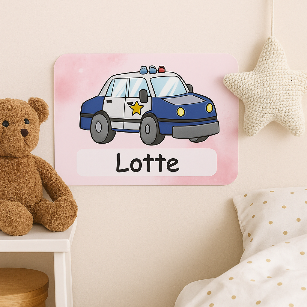 Naambordje Politieauto – Roze Wolken