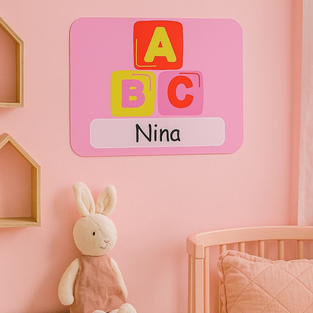 Naambordje ABC Blokken – Roze