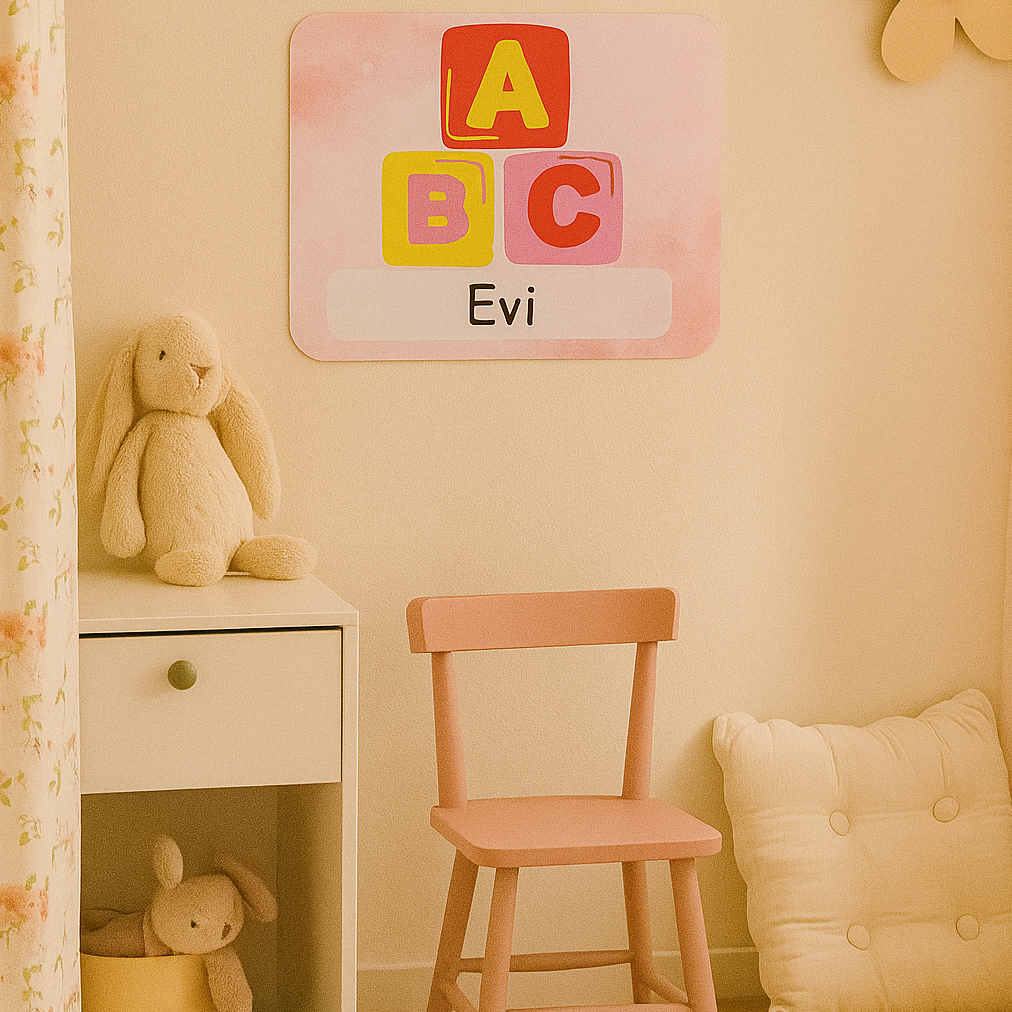 Naambordje ABC Blokken – Roze Wolken