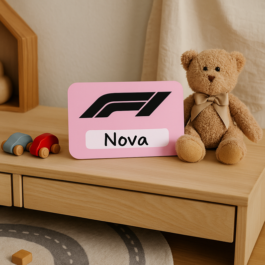 Naambordje F1 – blauw met strak Formule 1-logo