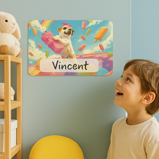 Naambord met vrolijke hond en ijsjes in regenbooghemel