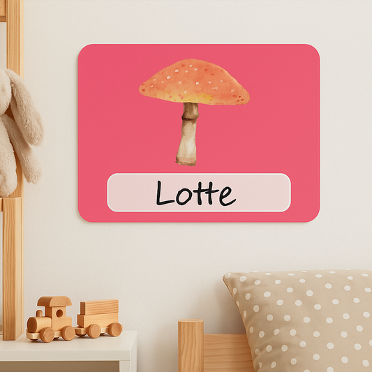 Naambord met Paddenstoel Illustratie – Rood Design
