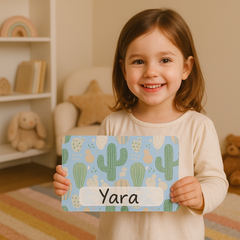 Naambord met cactussen op blauwe achtergrond – vrolijke decoratie voor kinderkamers