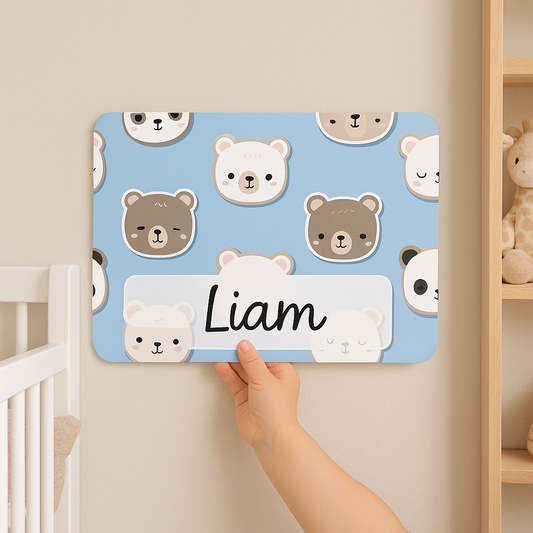 Naambordje kinderkamer beertjes – Blauw – 21x14 cm – Gepersonaliseerd met naam