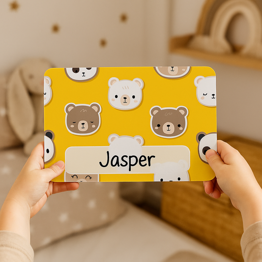 Naambordje kinderkamer met beertjes –  21x14 cm – Geel