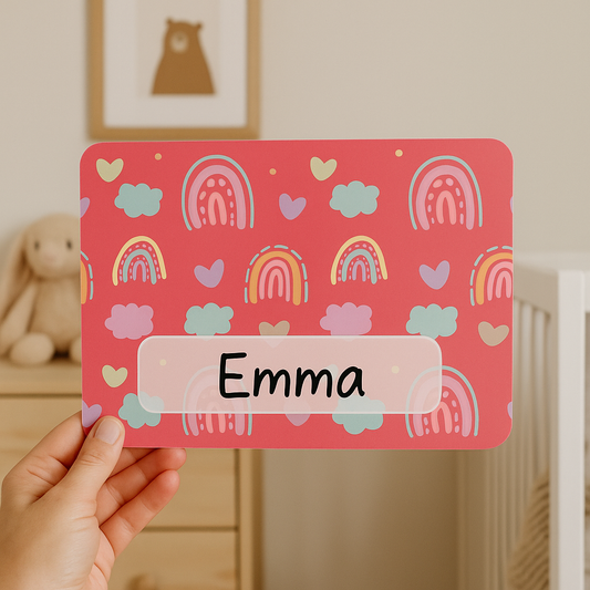 Naambordje regenboog kinderkamer rood | Vrolijk gepersonaliseerd naamplaatje