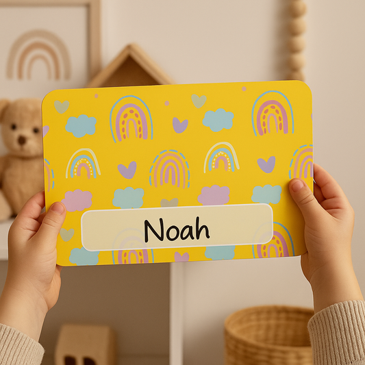 Naambordje regenboog kinderkamer rood | Vrolijk gepersonaliseerd naamplaatje