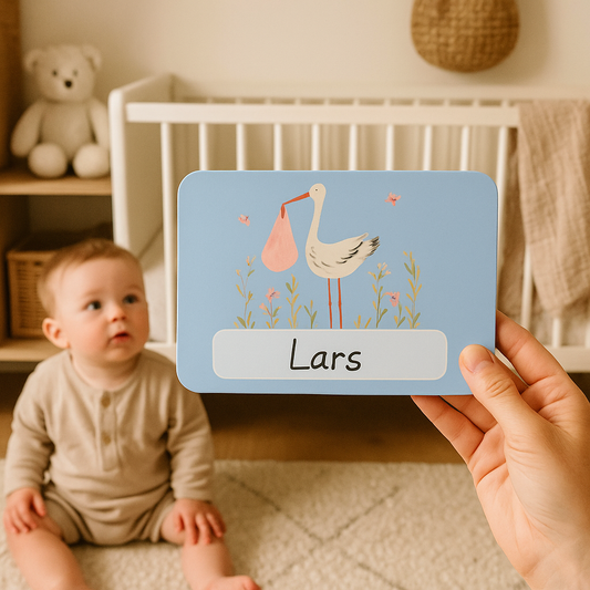 Ooievaar naambordje babykamer blauw | Persoonlijk geboortebordje met naam