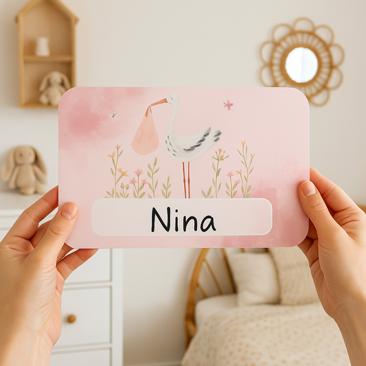Ooievaar naambordje roze wolken | Geboorte