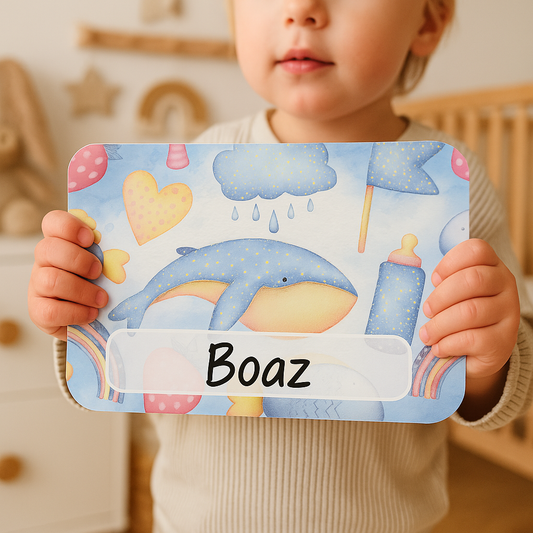Naambordje walvis blauwe wolken | Dromerig babykamerbord met naam