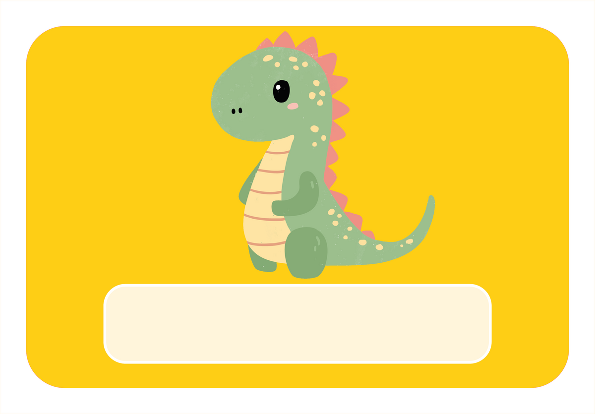 Naambord met schattige dino illustratie – Geel ontwerp