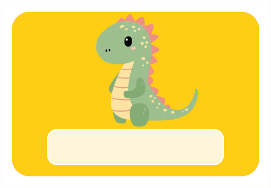 Naambord met schattige dino illustratie – Geel ontwerp