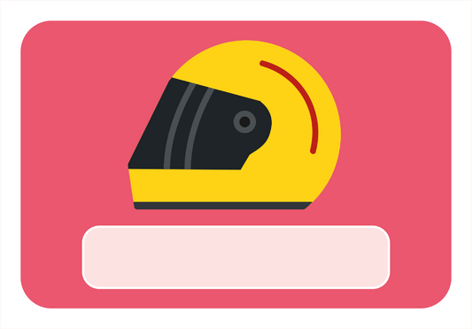 Naambord met gele motorhelm op rode achtergrond– stoer ontwerp