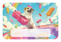 Naambord met vrolijke hond en ijsjes in regenbooghemel