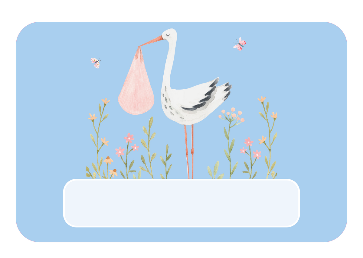 Naambordje Ooievaar & Bloemen – Blauw