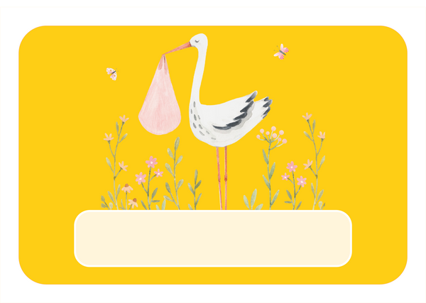 Naambordje Ooievaar & Bloemen – Geel