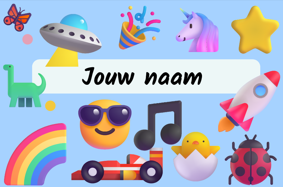 Een zelf ontworpen blauw naambordje met vrolijke afbeeldingen en een wit naamvlak