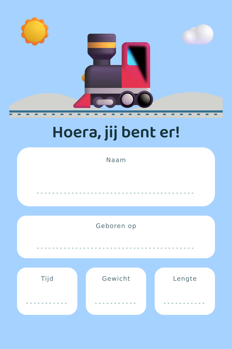 Geboortebord Speeltrein & Heuvelbaan — met lege gegevensvelden