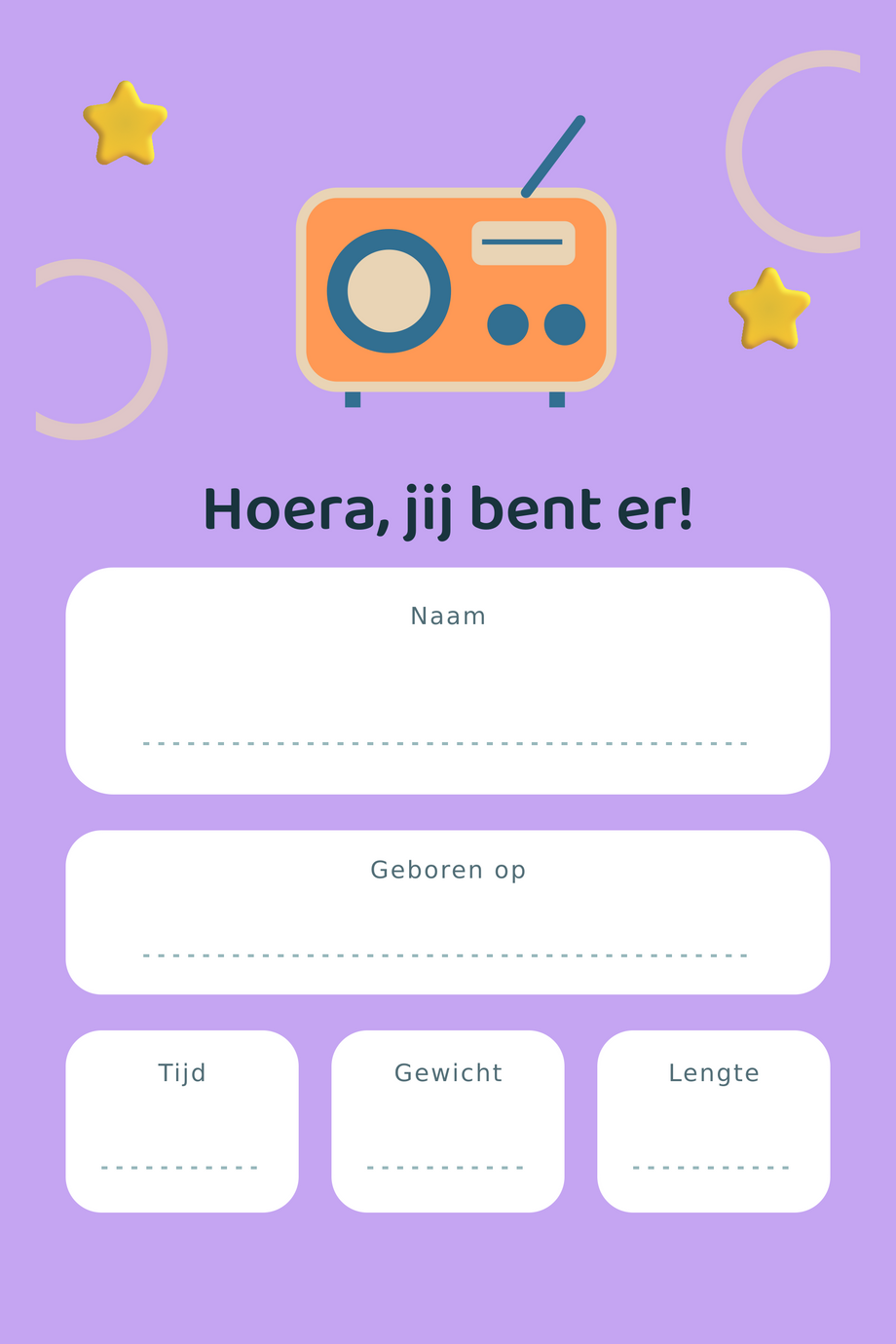 Geboortebord Retro Radio & Sterren — met lege gegevensvelden