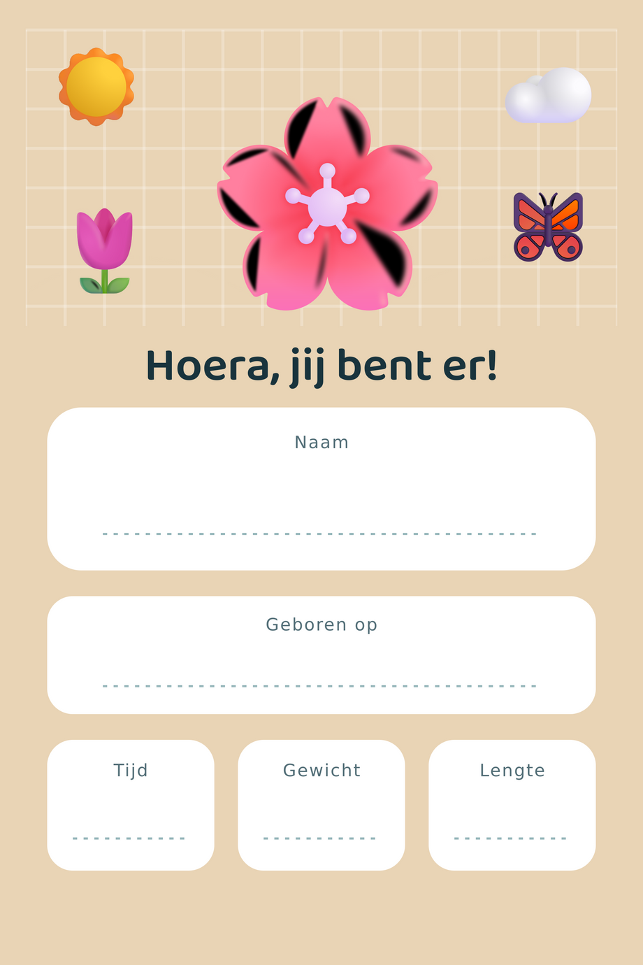 Geboortebord Retro Bloemen & Ruitjes — met lege gegevensvelden