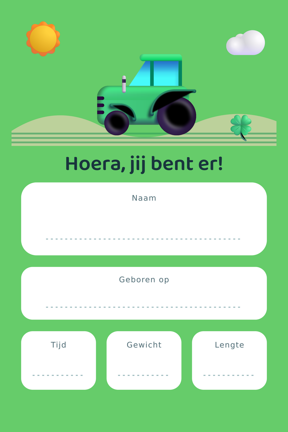 Geboortebord Tractor & Akkerstrepen — met lege gegevensvelden