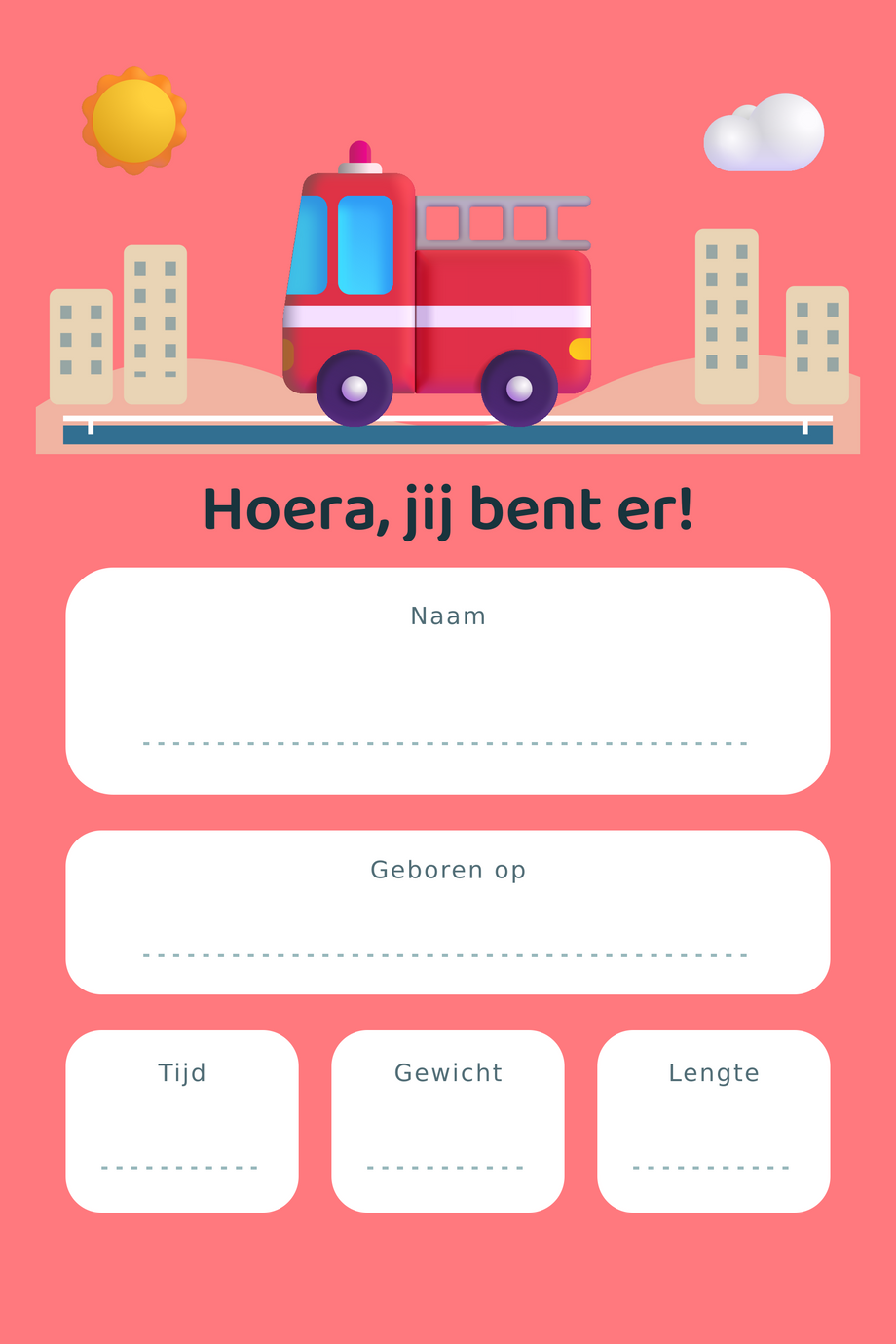 Geboortebord Brandweer & Stadsbrug — met lege gegevensvelden