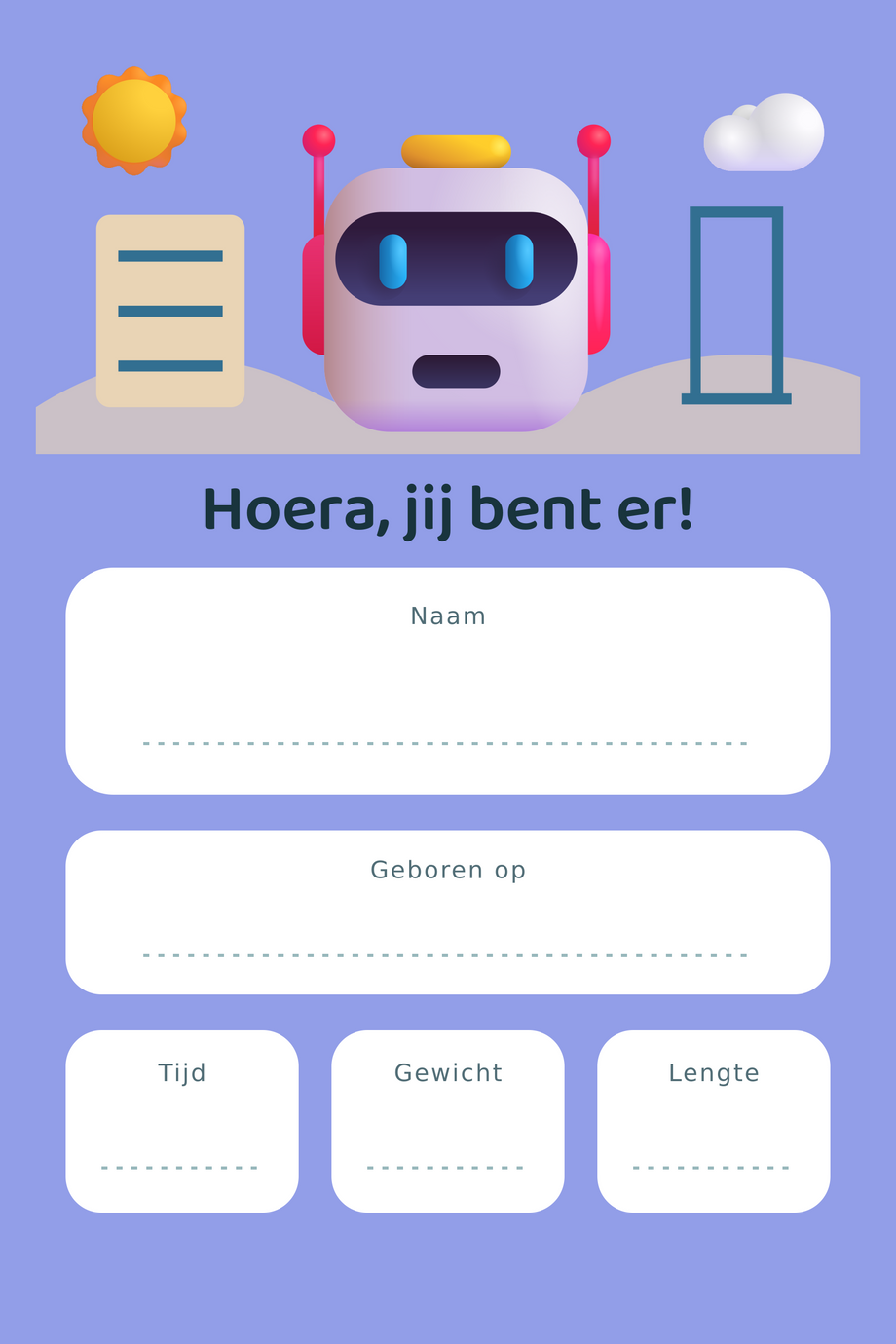 Geboortebord Robot & Werkplaats — met lege gegevensvelden