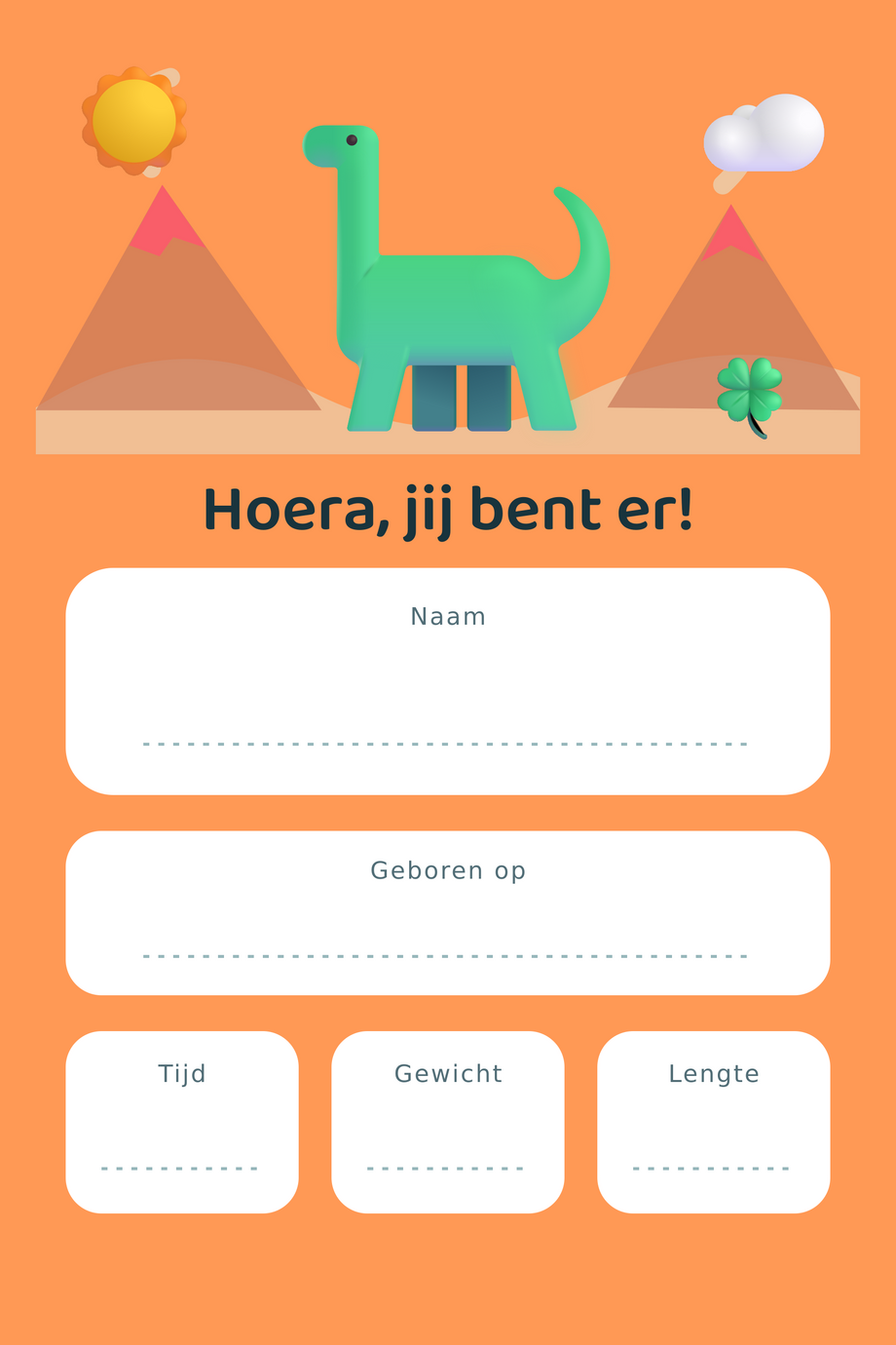 Geboortebord Brontosaurus & Vulkanen — met lege gegevensvelden