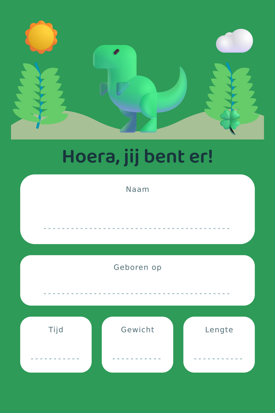 Geboortebord T-rex & Varenbos — met lege gegevensvelden