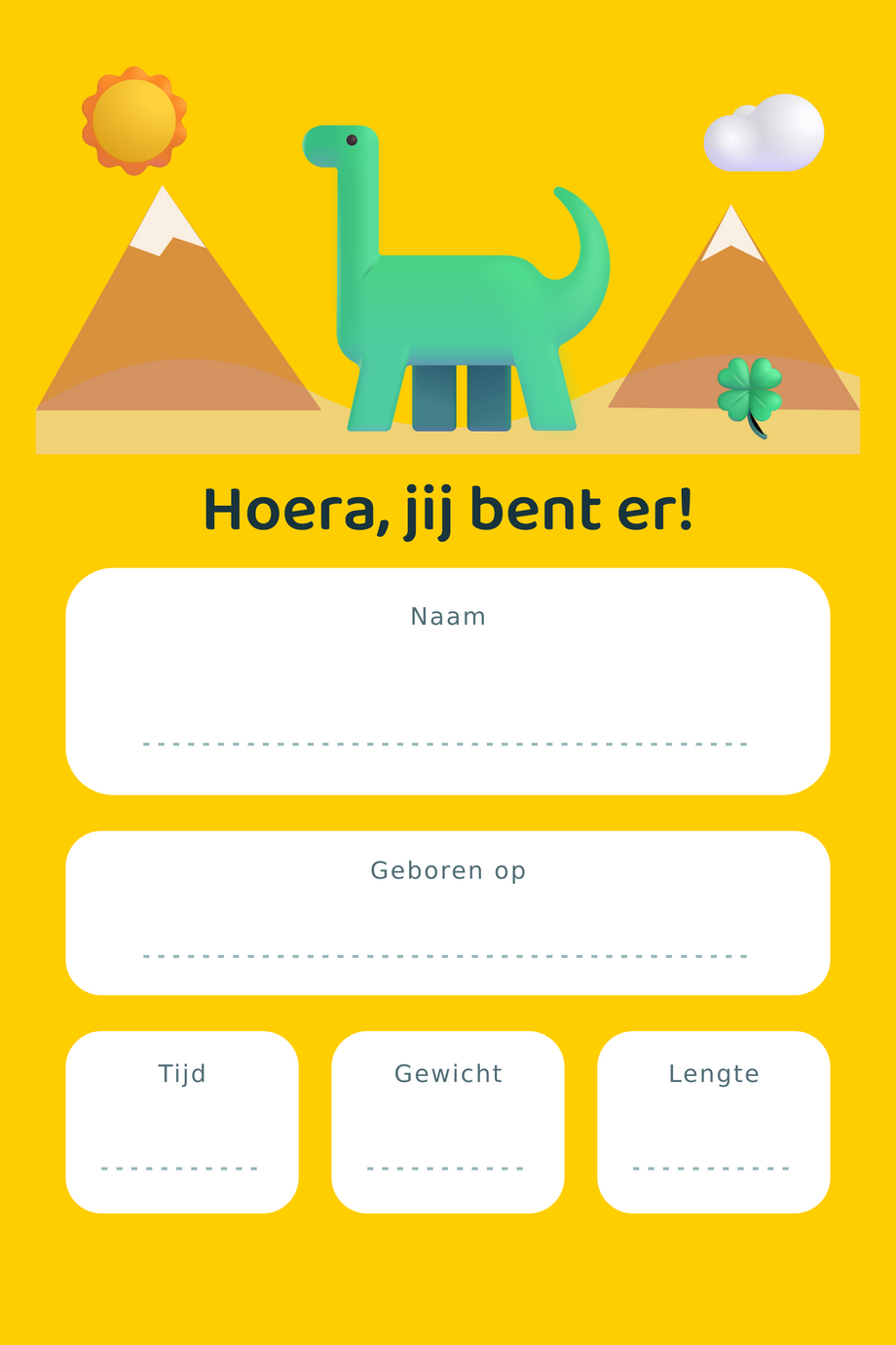 Geboortebord Dino & Zonnige Bergen — met lege gegevensvelden
