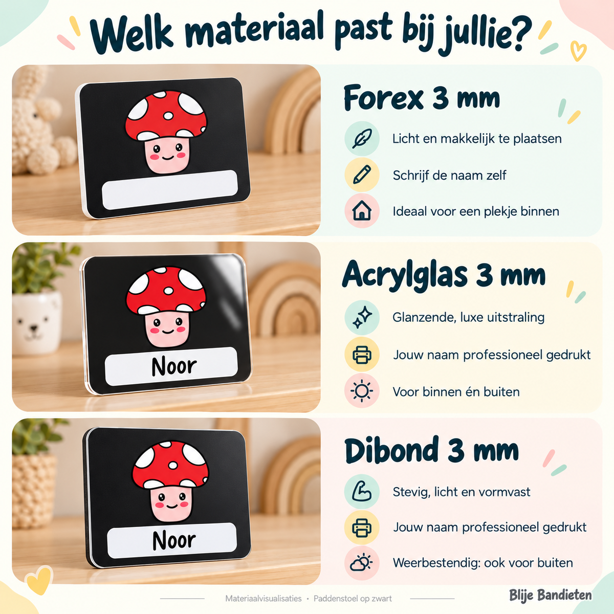 Paddenstoel op zwart: vergelijking van Forex, Acrylglas en Dibond