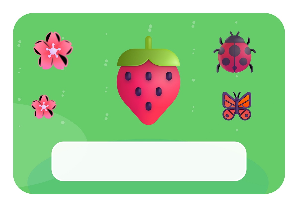 Naambordje Aardbei & Bloesemtuintje — fris groen achtergrond en leeg naamvlak